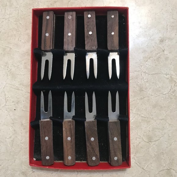 Vintage MCM Corn Skewer Cocktail Picks Forks Wood Handle Set of 8 - Picture 3 of 12
